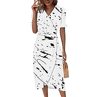 Formal Short Sleeve Floral Midi Dress Trendy Sexy V Neck Button Down Dress Elegant Smocked Slim Wedding Guest Dress