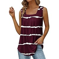 Summer Tank Tops for Women Trendy Curved Hem Pleated Tunic Tops Loose Fit Flowy Square Neck Sleeveless Shirts Blouse
