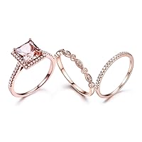 7mm Princess Cut VS Pink Morganite Diamond Halo Deco Ring,14k Rose Gold Half Eternity Wedding Band Set