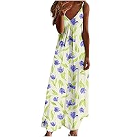 Women's Strap Dress Trendy Sleeveless Floral Print Maxi Dress V Neck Comfy Backless Ankle Dress(B-Mint Green,Large