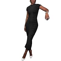 Tbahhir Women's Knit Stripe See Through Long Dress Mock Neck Short Sleeve Bodycon Wrap Night Out Dresses