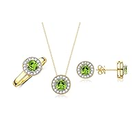 Halo Designer Matching Set 14K Yellow Gold : Ring, Earring & Pendant Necklace. Gemstone & Diamonds, 4MM Birthstone; Sizes 5-10.
