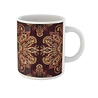 Coffee Mug Mandala Paisley Pattern Oriental Ethnic Burgundy Red and Gold 11 Oz Ceramic Tea Cup Mugs Best Gift Or Souvenir For Family Friends Coworkers