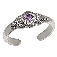 NOVICA Handmade Amethyst Cuff Bracelet Four Carat .925 Sterling Silver Purple Indonesia Birthstone 'Diamond Temple'