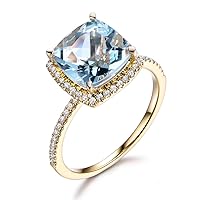 Natural IF Blue Aquamarine Wedding Ring,3ct Cushion Cut,Solid 14k Yellow Gold,Halo Engagement Band Bridal