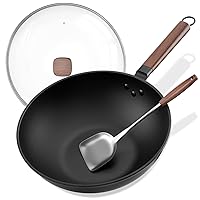 Carbon Steel Wok, 13 Inch Wok Pan with Lid and Spatula, Nonstick Woks and Stir-fry Pans, No Chemical Coated Flat Bottom Chinese Wok for Induction, Electric, Gas, All Stoves