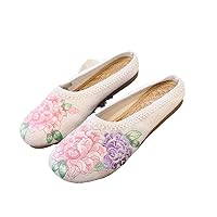 Chinese Style Flower Embroidered Women Linen Flat Mules Slippers Comfortable Soft Breathable Non-Slippery Shoes