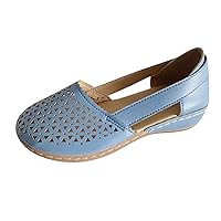 Flats Heel Sandals For Women Leather Elastic Strap Carved Wedges Casual Sandal Lightweight Breathable Roman Shoes Blue, 8.5