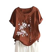 UOFOCO Summer Outfits for Women 2024 Vacation Cotton Linen Summer Womens Tops Tees Blouses Plus Size Casual Lightweight T Shirts 2024 Trendy Lady Shirts (S-5Xl) Brown Small