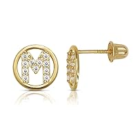 Jewelryweb Solid 14k Yellow Gold Small Cubic Zirconia Circle A-Z Initial Stud Screw-back Earrings