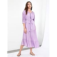 Women's Dress Tie Front Bishop Sleeve Ruffle Hem Belted Dress Summer Dress (Color : Lilac Purple, Size : X-Large)