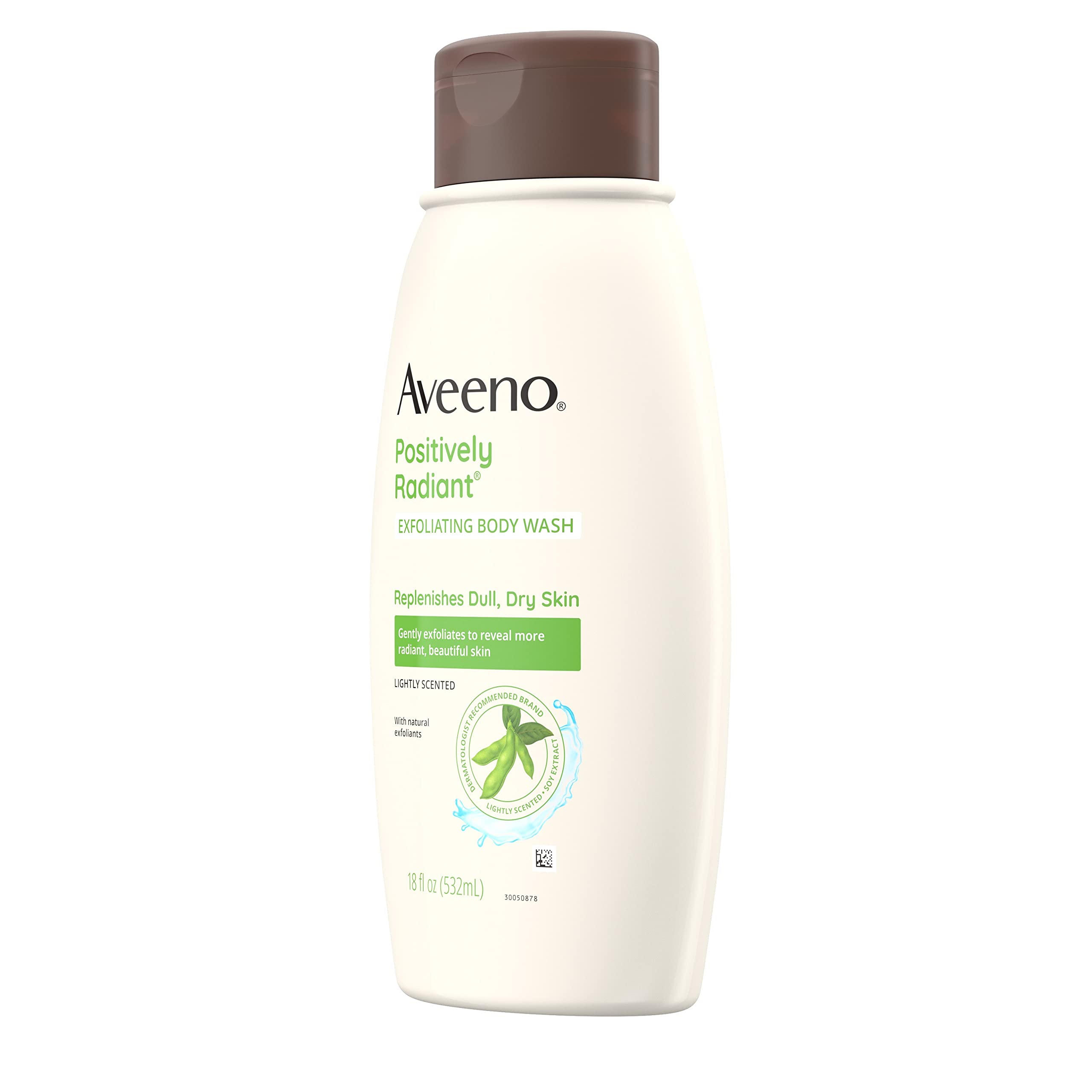 Aveeno Positively Radiant Exfoliating Body Wash with Soy Extract, Lightly Scented Body Cleanser Replenishes Dull, Dry Skin & Exfoliates to Reveal More Radiant, Beautiful Skin, 18 fl. oz