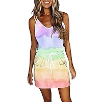 XJYIOEWT Midi Dresses for Women Summer Chiffon,Women Summer Pocket Dress Mini Dress Spaghetti Strap Sleeveless V Neck Dr