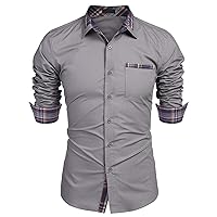 Men Long Sleeve Contrast Fashion Button Shirt Casual Linen Dress Shirt Button Up Shirt Dress Plaid Collar Shirt