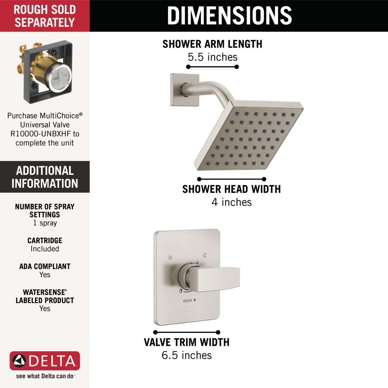 Delta Faucet Modern Brushed Nickel Shower Trim Kit, Shower Faucet with Single-Spray Touch-Clean Brushed Nickel Shower Head, Stainless T14267-SS-PP (Valve Not Included)