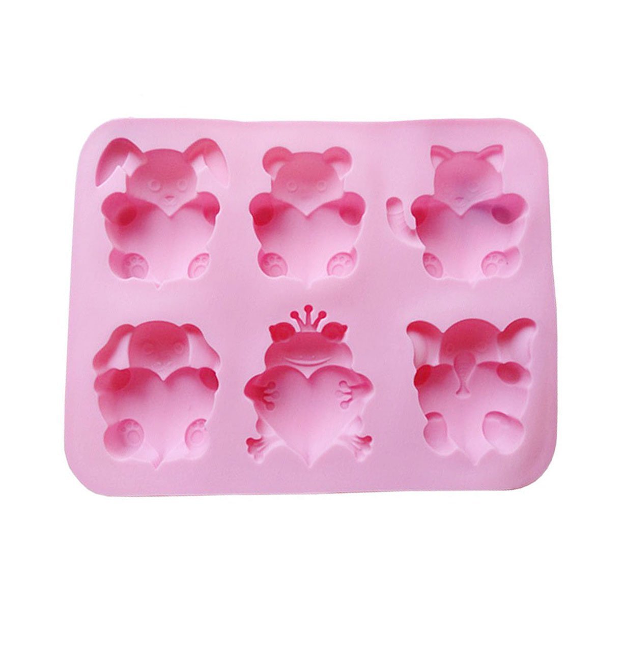 Cherion 6 Cavities Different Cute Animal-shaped Love Silicone Cake Baking Mold Handmade Soap Moulds Cake Pan Muffin Cups Biscuit Chocolate Ice Cube Tray DIY Mold, Pink