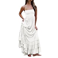 Beach Dresses for Women 2024 Vacation Solid Color Ruched Layered Casual with Backless Swing Maxi Sundresses