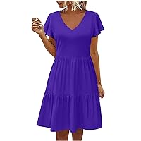 Women's Casual Tiered Dress with Pockets Summer V Neck Ruffle A-Line Dress Cap Sleeve Swing Mini Shirt Dresses