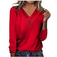 Long Sleeve Tops Women Trendy Fall Casual Loose Ruched V Neck Button Shirts Slim Fit Blouses Basic Solid Color Tees