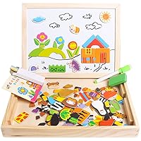 Skrtuan Educational Wooden Toys for Kids Toddlers Magnetic Puzzles Wooden Art Easel Double Side Learning Games Montessori Puzzle STEM Gift for Boys Girls Children