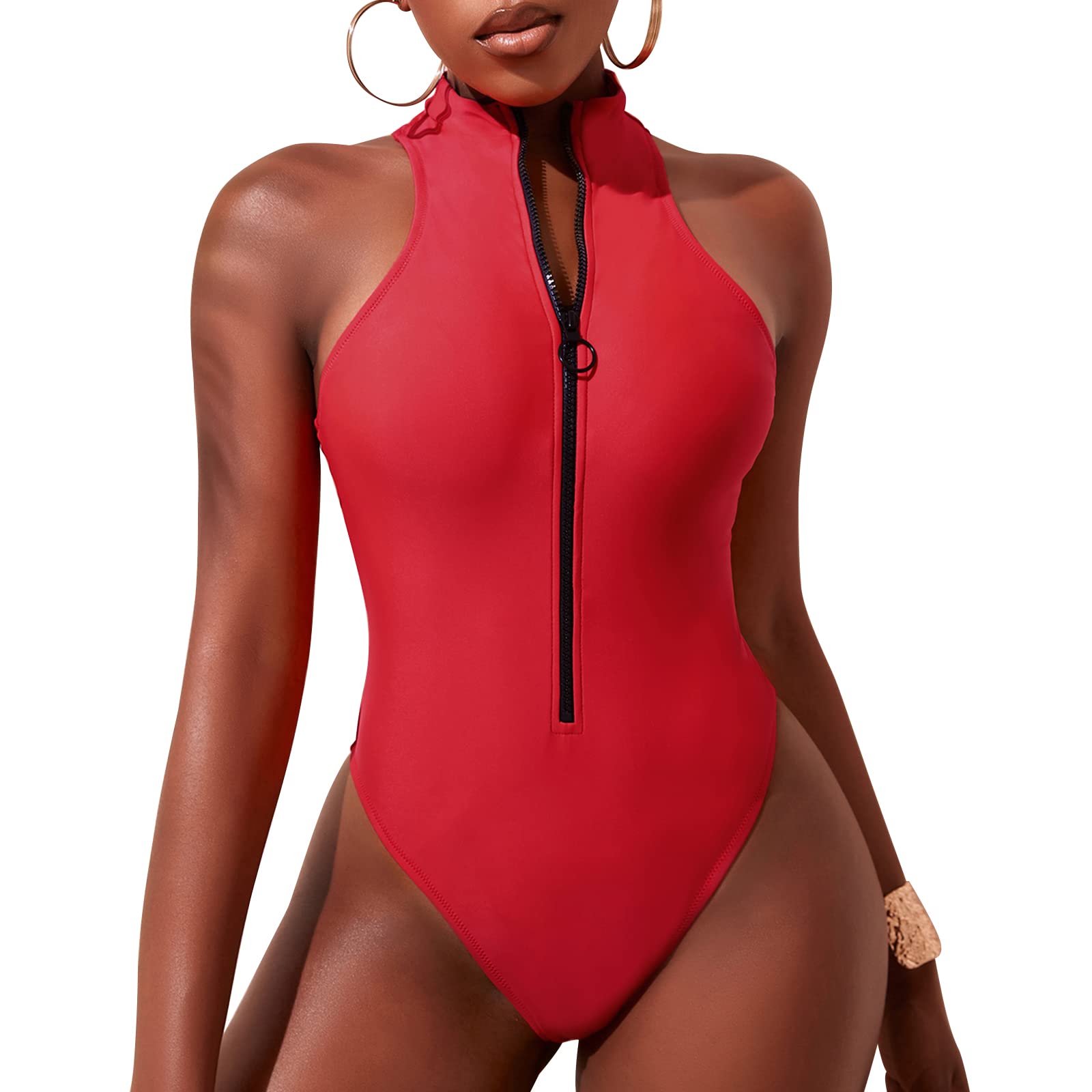 Mua Sexy One Piece Zipper Baywatch Swimsuit For Women High Cut Leg Cheeky One Piece Bathing Suit