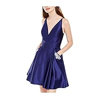 Blondie Womens Blue Zippered Pocketed Metallic Lace Pleated Spaghetti Strap V Neck Mini Party Fit + Flare Dress Juniors 0