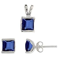 Sterling Silver Princess Cut CZ Square Stud Earrings and Pendant Set Assorted colors for women Channel Set Assorted colors for women