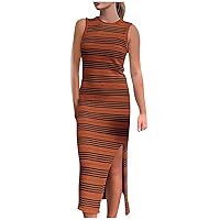 Women's Striped Knit Tank Long Dresses Summer Hollow Crochet Sweater Beach Dress Sexy Side Slit Sleeveless Sundress