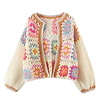 Plaid Flower Crochet Cardigan Woman O Neck Long Sleeve Open Stitching Sweater Knitwear