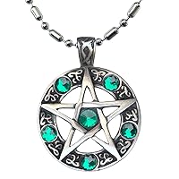 Celtic Star Pentagram Pentacle Green Crystal Magic Wicca Wiccan Pagan Silver Pewter Men's Pendant Necklace Protection Amulet Wealth Luck Lucky Charm Safe Travel Talisman w Stainless Steel Bamboo Chain