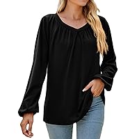 Ladies Long Sleeve T Shirt Solid Color Long Sleeved V Neck Loose Pleated T Shirt Tops Striped Top