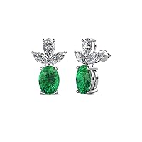 Oval Emerald & Natural Diamond Dangling Stud Earrings 1.91 ctw 14K White Gold
