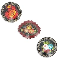 Set of 3 Hand Painted Flowers Wooden Brooches in Various Shapes 2 Inches