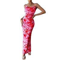 PRETTYGARDEN Women's 2024 Summer Floral Spaghetti Strap Maxi Dress Stretch Sexy Bodycon Dress Backless Slip Long Dresses