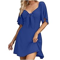 Women's Summer Dress Square Neck Short Sleeves Crossover Waist Casual Party Mini Dress