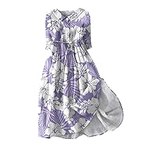 Flower Dresses for Women 2024, Womens Floral Print Lapel Buttoned 3/4 Sleeves Strappy Bright Dress, S, 3XL