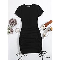 Summer Dresses for Women 2022 Drawstring Side Rib-Knit Bodycon Dress Dresses for Women (Color : Black, Size : Small)