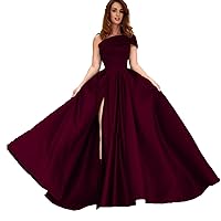 Women's One Shoulder Prom Dresses Long Ball Gown High Slit Satin Formal Gowns Evening Dress