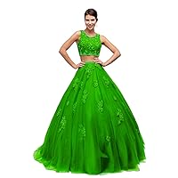 Women's Two Pieces Ball Gown Prom Quinceanera Dresses Sleeveless Tulle Formal Dress Women