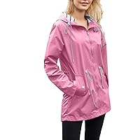 Women's Drawstring Waist-Defined Rain Jacket Waterproof Casual Lightweight Tunic Windbreaker with Hood for Outdoor