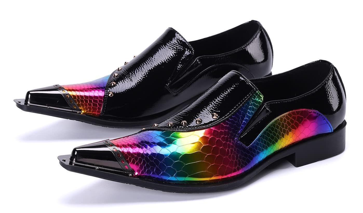 Santimon Mens Loafer Shoes Formal Dress Prom Rainbow Burnished Genuine Leather Lined Rivet Metal Cap Tip Sleek Luxury Party Shoes