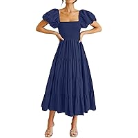 Summer Dresses for Women 2024 Square Neck Short Puff Sleeve Solid High Waist Casual Smocked Flowy A Line Tiered Midi Dress