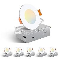 Amico 6 Pack 3 Inch 5CCT Ultra-Thin LED Recessed Ceiling Light with Junction Box, 2700K/3000K/3500K/4000K/5000K Selectable, 7W Eqv 60W 500LM Brightness Dimmable Canless Wafer Downlight, ETL