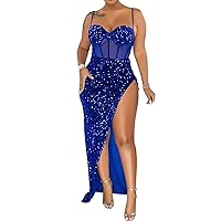 EDITCOZY Women Sexy Sequin Dresses Spaghetti Strap Sheer Mesh High Split Glitter Long Maxi Dress Gown for Evening Party