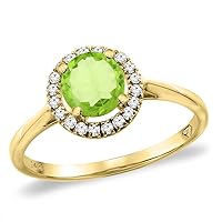 14K White Gold Diamond Halo Natural Peridot Engagement Ring Round 6 mm, Sizes 5-10