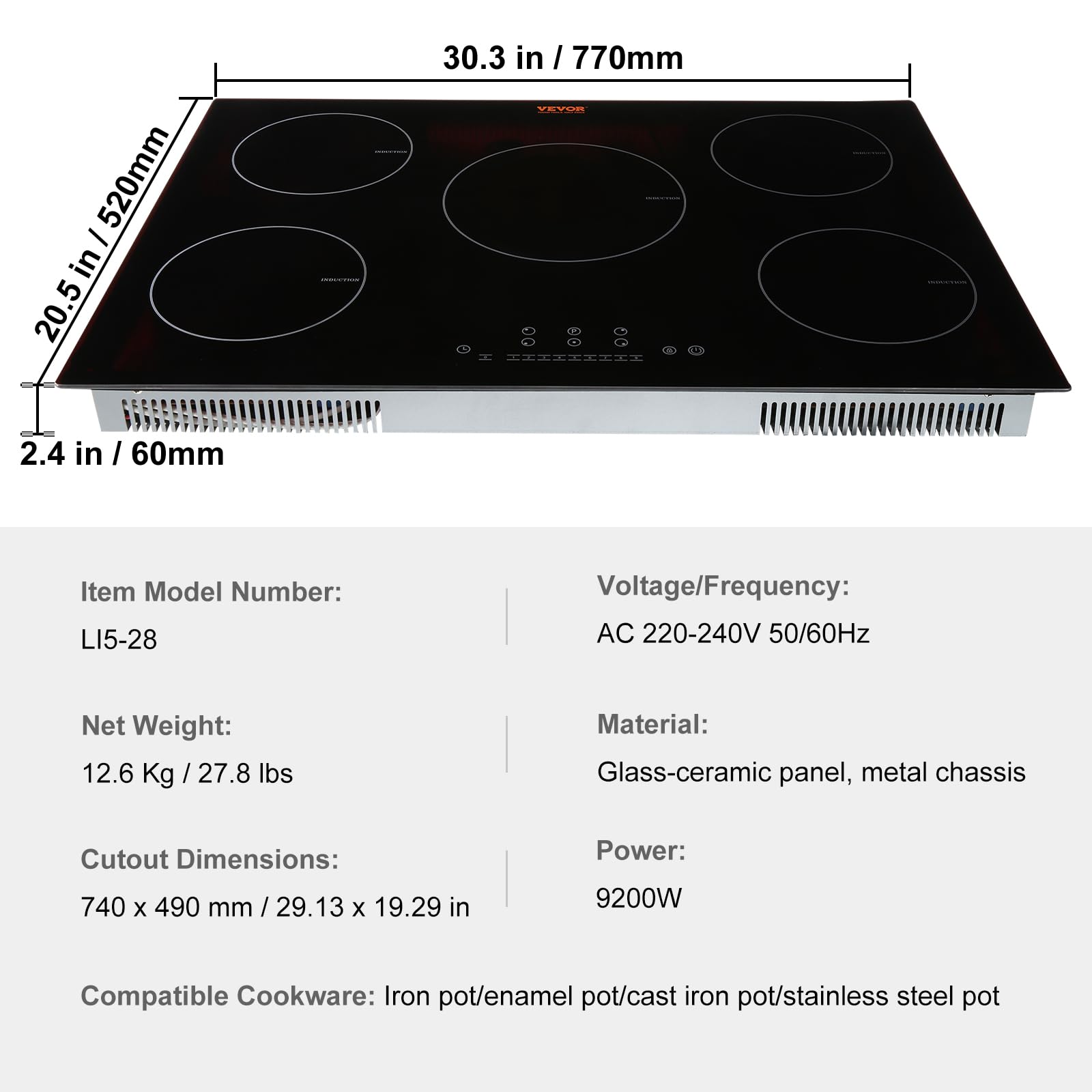VEVOR Electric Cooktop, 5 Burners, 30'' Induction Stove Top, Built-in Magnetic Cooktop 9200W, 9 Heating Level Multifunctional Burner, LED Touch Screen w/Child Lock & Over-Temperature Protection