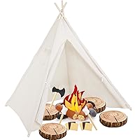 26 Pcs Pretend Camping Play Set Includes Kids Teepee Tent Beige Indoor Play Tent Felt Campfire Toys Wood Print Throw Pillow Floor Cushion for Boys Girls Adults Dramatic Play Home Decorations