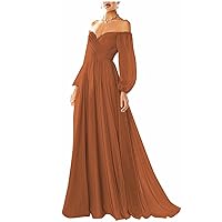 Women's Long Sleeve Prom Dresses V-Neck Pleated A Line Chiffon Off The Shoulder Ball Gown Long Wedding Dress Formal Burnt Orange