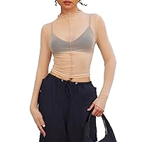 MEROKEETY Women's Sheer Mesh Long Sleeve Crop Top Mock Neck See Through Slim Layering Tee Shirts