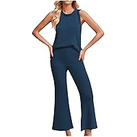 2 Piece Outfits for Womens Knit Sets Pullover Sleeveless Tank Tops and Wide Leg Ribbed Long Pants Tracksuit Lounge Set